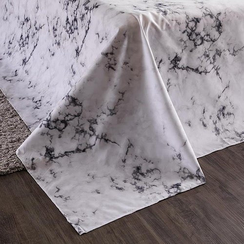 3 Pieces Bedsheet Set, White Marble Design. - BusDeals Today