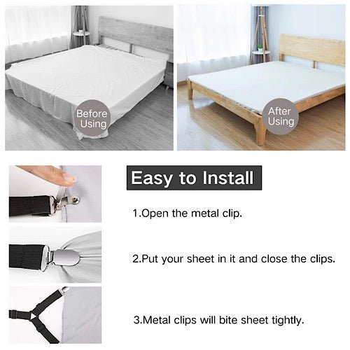 4 pieces Bed Sheet Holder Straps, black color, Adjustable Elastic Bedsheet Holders For Fitted Sheets, Easy To Install. - BusDeals