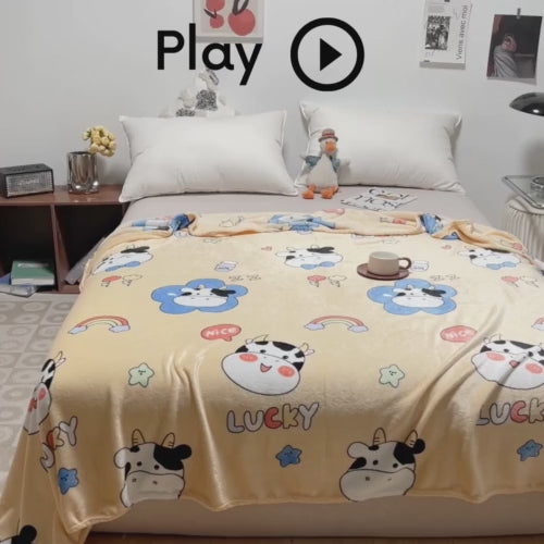 Fleece Blanket 200*230cm Super Soft Throw Orange color with Lucky Cow Moo Moo Friends Design.
