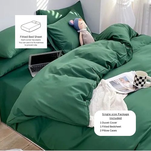 Basic Premium Single, Set of 4 Pieces, Duvet Cover Set, Green color. - BusDeals