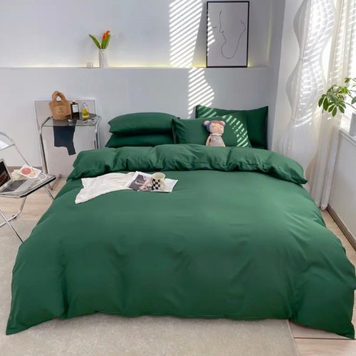 Basic Premium Single, Set of 4 Pieces, Duvet Cover Set, Green color. - BusDeals