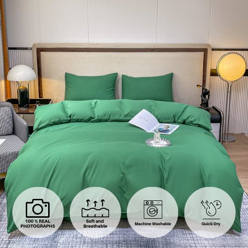 Basic Single Set of 4 Pieces, Luna Home Premium Quality Duvet Cover Set. Green color. - BusDeals
