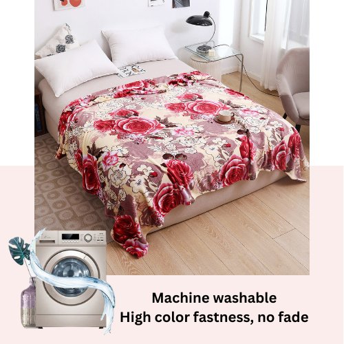 Fleece Blanket 200*230cm Super Soft Throw Cream color with Rose Design. - BusDeals