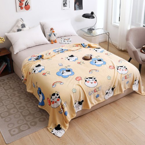 Fleece Blanket 200*230cm Super Soft Throw Orange color with Lucky Cow Moo Moo Friends Design. - BusDeals