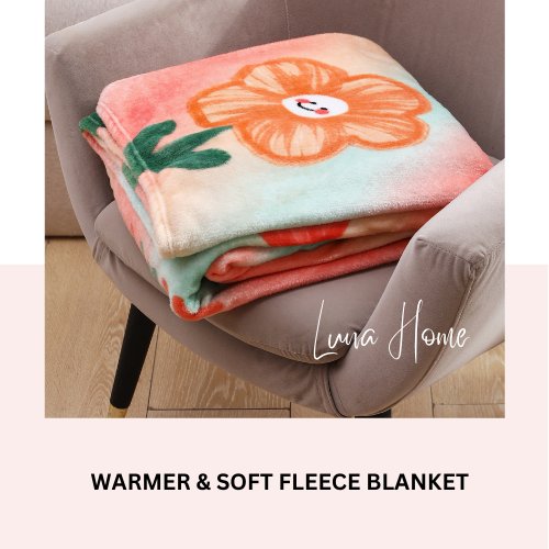 Fleece Blanket 200*230cm, Super Soft Throw Peach Floral Design. - BusDeals