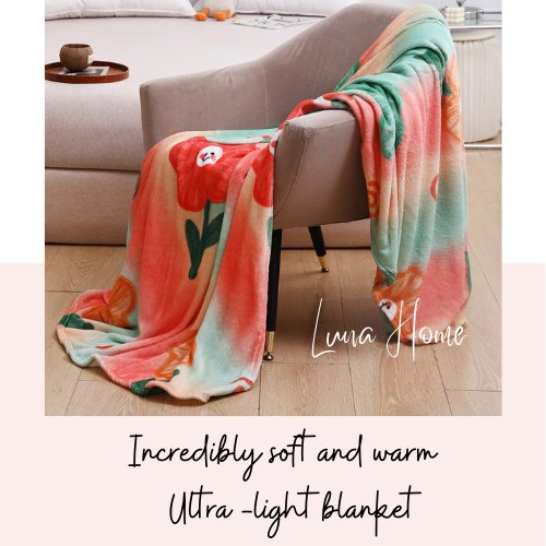 Fleece Blanket 200*230cm, Super Soft Throw Peach Floral Design. - BusDeals