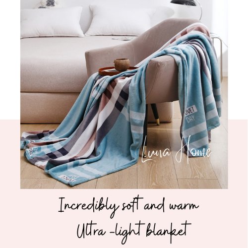 Fleece Blanket 200*230cm Super Soft Throw Simple Checks Design, Blue Color. - BusDeals
