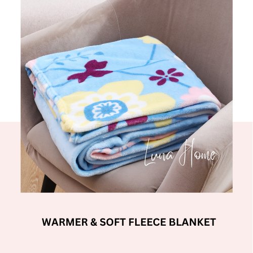 Fleece Blanket 200*230cm Super Soft Throw Sky Blue Color with Floral Design. - BusDeals