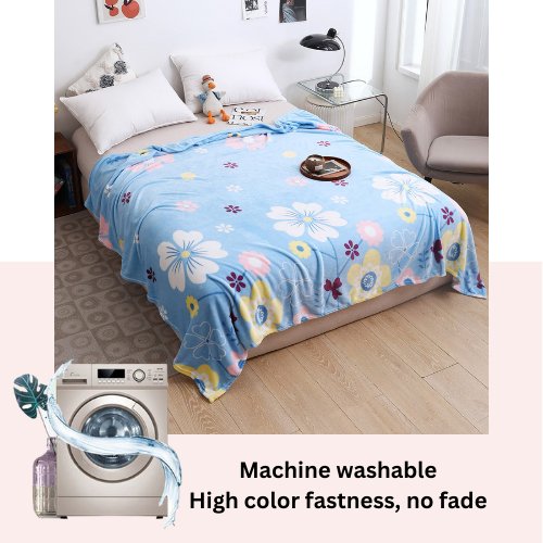 Fleece Blanket 200*230cm Super Soft Throw Sky Blue Color with Floral Design. - BusDeals