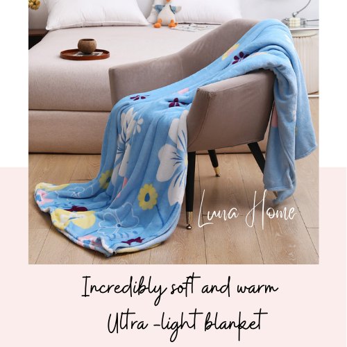 Fleece Blanket 200*230cm Super Soft Throw Sky Blue Color with Floral Design. - BusDeals