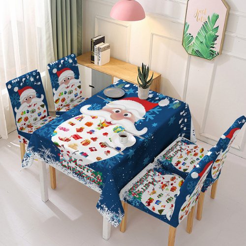 High quality christmas table linen cloth with 4 chair covers, Santa claus design blue color - BusDeals