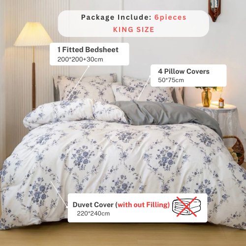 King size 6 pieces Bedding Set without filler, Bohemian with Blue Flowers Design - BusDeals
