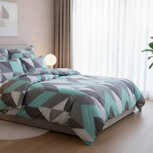 King size 6 pieces Bedding Set without filler, Light Blue Geometric Design - BusDeals