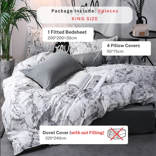 King size 6 pieces Bedding Set without filler, Marble Design Grey Color - BusDeals