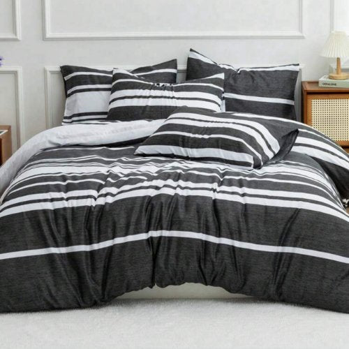 King Size 6 pieces, Black Stripe Design Bedding set. - BusDeals