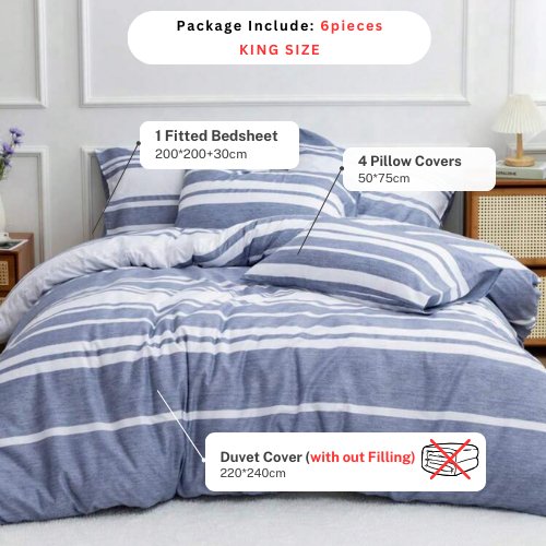 King Size 6 pieces, Blue Stripe Design Duvet cover set. - BusDeals