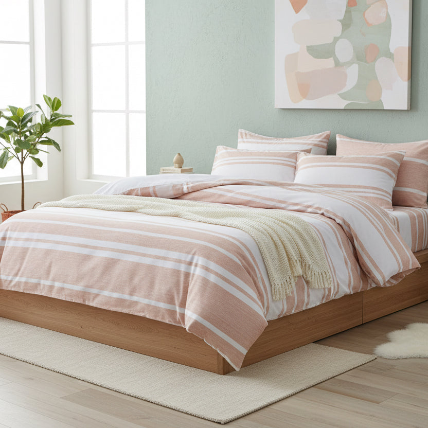 King Size 6 pieces, Coral Stripe Design Duvet cover set. - BusDeals