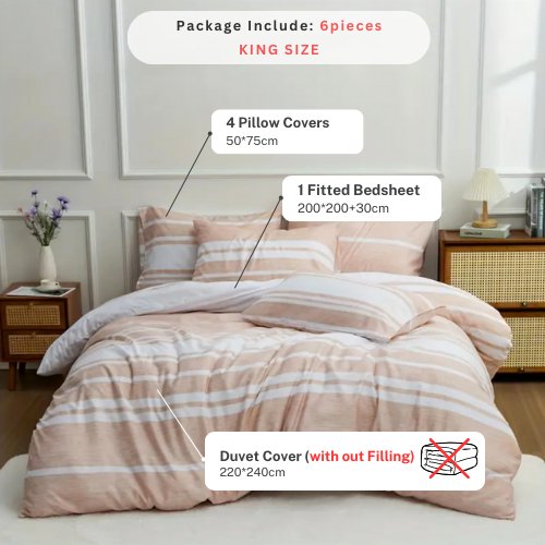 King Size 6 pieces, Coral Stripe Design Duvet cover set. - BusDeals
