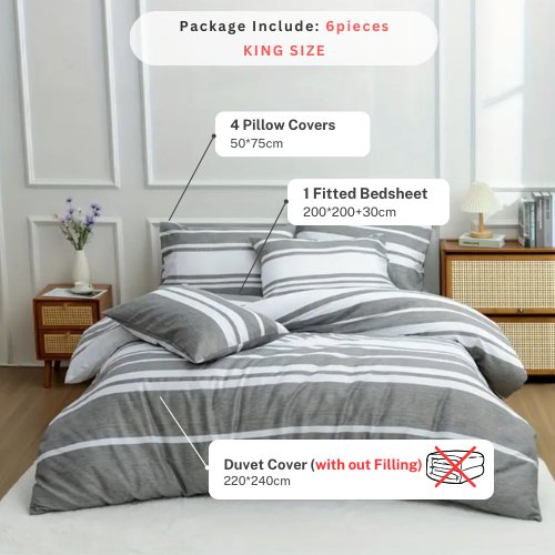 King Size 6 pieces, Gray Stripe Design Bedding set. - BusDeals