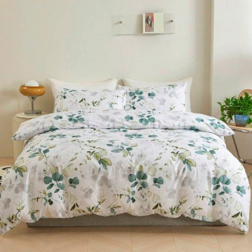 King Size 6 pieces, Green Leaves Design Bedding set. - BusDeals