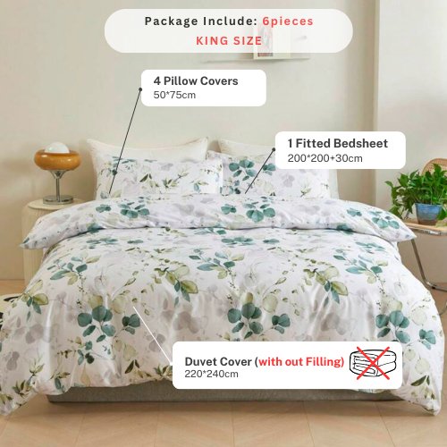 King Size 6 pieces, Green Leaves Design Bedding set. - BusDeals