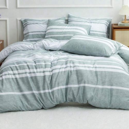 King Size 6 pieces, Green Stripe Design Duvet cover set. - BusDeals