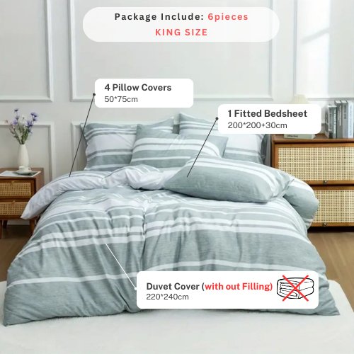 King Size 6 pieces, Green Stripe Design Duvet cover set. - BusDeals