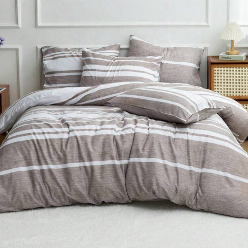 King Size 6 pieces, Light Brown Stripe Design Bedding set. - BusDeals
