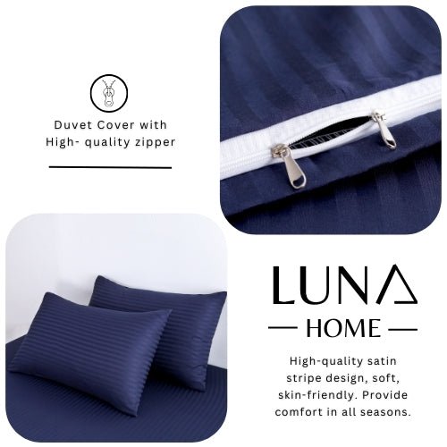 King Size 6 Pieces Premium Satin Stripe Duvet Cover, Dark Blue. - BusDeals