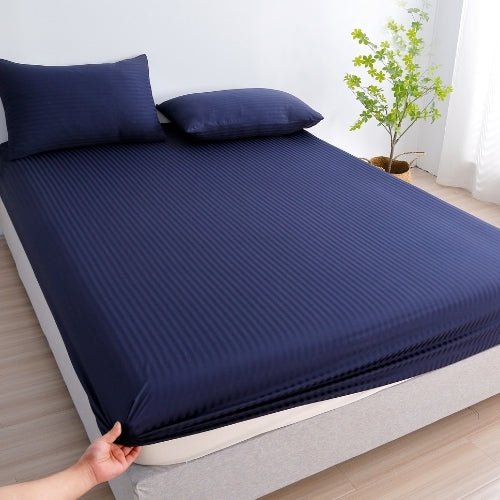King Size 6 Pieces Premium Satin Stripe Duvet Cover, Dark Blue. - BusDeals