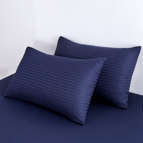 King Size 6 Pieces Premium Satin Stripe Duvet Cover, Dark Blue. - BusDeals