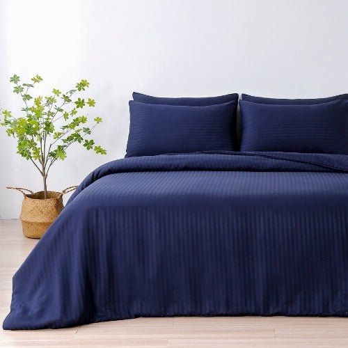 King Size 6 Pieces Premium Satin Stripe Duvet Cover, Dark Blue. - BusDeals