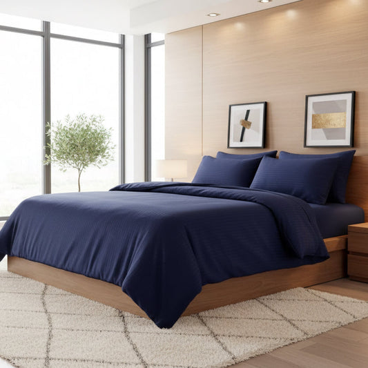King Size 6 Pieces Premium Satin Stripe Duvet Cover, Dark Blue. - BusDeals