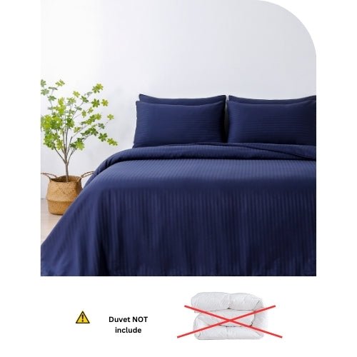 King Size 6 Pieces Premium Satin Stripe Duvet Cover, Dark Blue. - BusDeals