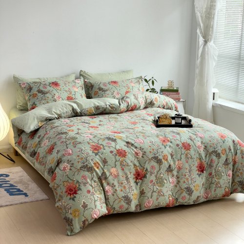 King Size 6 Pieces, Reversible Style Duvet Cover Set, Roses Design with Dark Khaki Color. - BusDeals