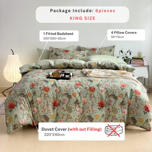 King Size 6 Pieces, Reversible Style Duvet Cover Set, Roses Design with Dark Khaki Color. - BusDeals