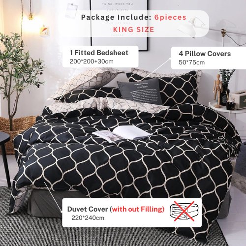 King size bedding set of 6 pieces, Black geometric design. - BusDeals