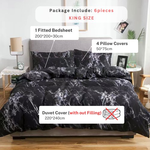 King size bedding set of 6 pieces, Black Marble design. - BusDeals