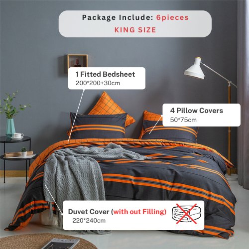 King size bedding set of 6 pieces, Orange & Grey Stripes Design. - BusDeals