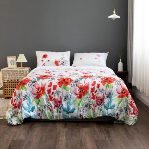 King Size Comforter set of 4 pieces, Floral design white color - BusDeals