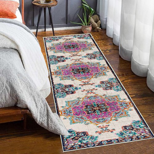 Long Rug Moroccan Style, Pink and Blue Color. - BusDeals
