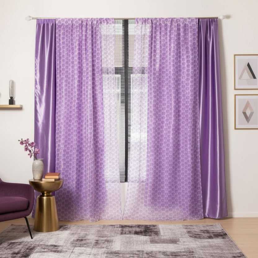 Modern drape tulle, Double layer window curtains set of 2 Pieces, Purple color - BusDeals