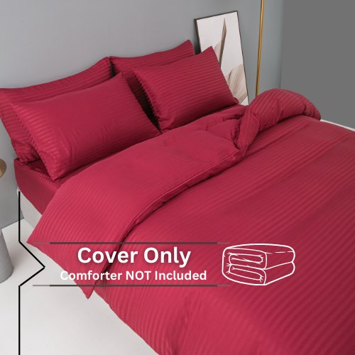 Premium 6 Piece King Size Duvet Cover Satin Stripe Berry Red. - BusDeals