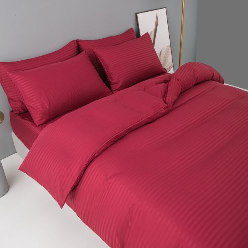 Premium 6 Piece King Size Duvet Cover Satin Stripe Berry Red. - BusDeals