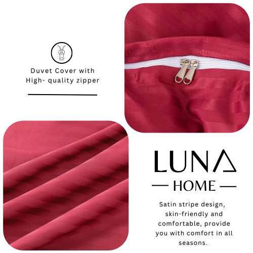 Premium 6 Piece King Size Duvet Cover Satin Stripe Berry Red. - BusDeals