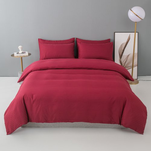 Premium 6 Piece King Size Duvet Cover Satin Stripe Berry Red. - BusDeals