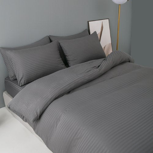 Premium 6 Piece King Size Duvet Cover Satin Stripe Solid Dark Gray. - BusDeals