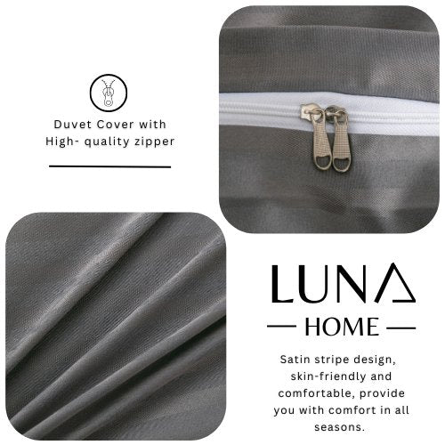 Premium 6 Piece King Size Duvet Cover Satin Stripe Solid Dark Gray. - BusDeals