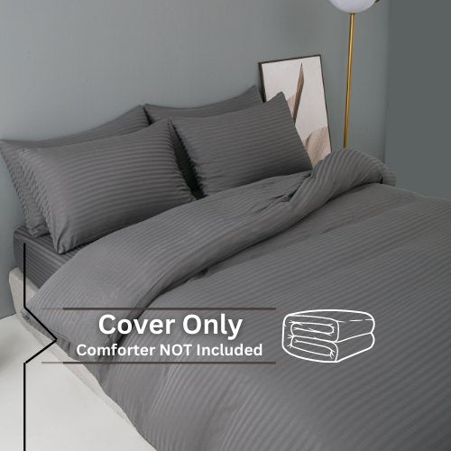 Premium 6 Piece King Size Duvet Cover Satin Stripe Solid Dark Gray. - BusDeals
