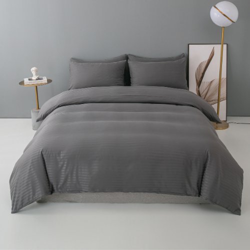 Premium 6 Piece King Size Duvet Cover Satin Stripe Solid Dark Gray. - BusDeals